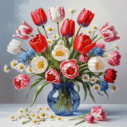 Prompt: bouquet of flowers tulip, carnation, rose, chamomile,on a white background, incredibly detailed oil painting, red white , pink blue, visualized image, heavily decorated, image, very decorated