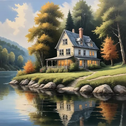 Prompt:  a painting of a house by the water,  very very beautiful furry art, super detailed oil painting, inhabited on many levels, really beautiful forest,  artgram, very very very beautiful art, oil painting h 768, dreamy atmospheric