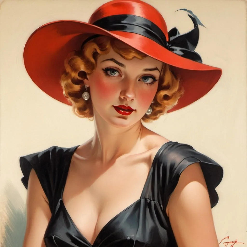 Prompt: a woman in a red hat and black dress, an art deco painting by Jan Tengnagel,  figurative art, gil elvgren style, pinup art, pin - up girl