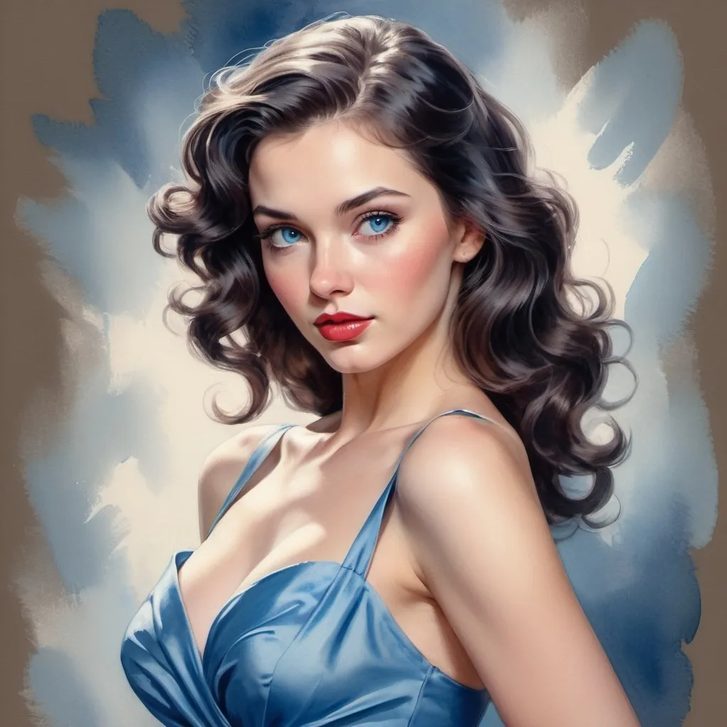 Prompt: Glamorous feminine woman, in a blue dress, charming blue eyes,long wavy dark hair in pin-up style, high detail ,volumetric, bloom light effect, realistic, watercolor painting