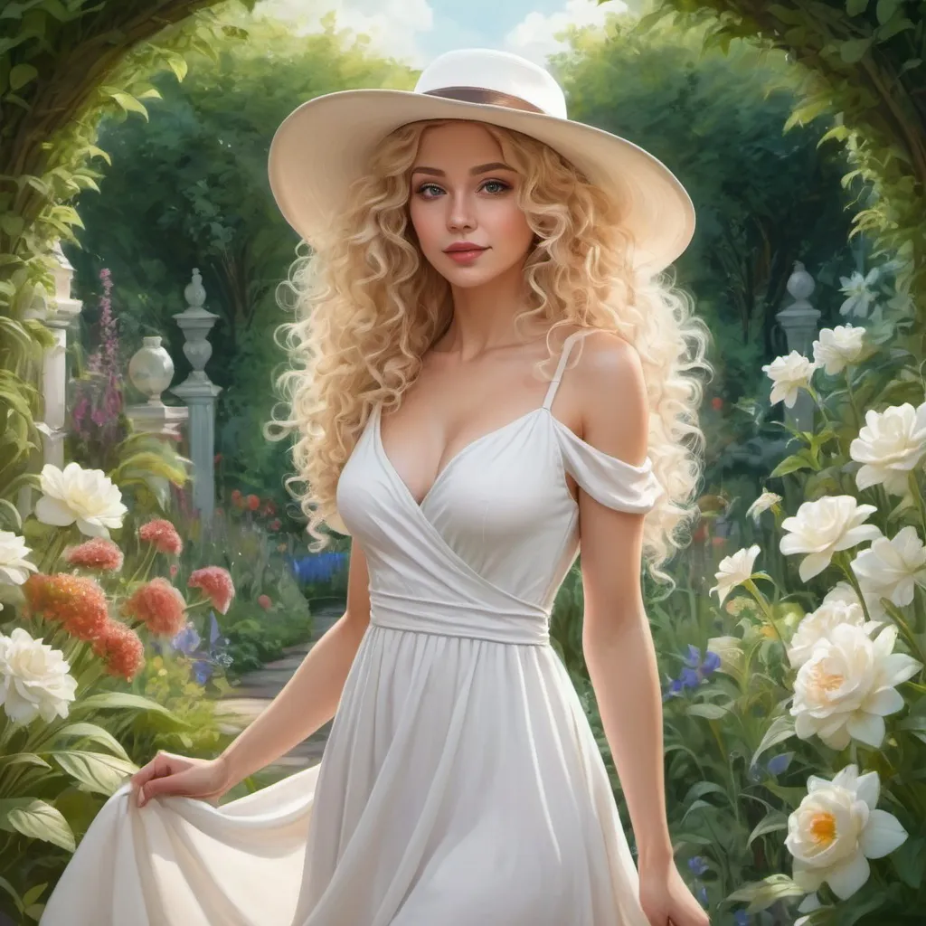 Prompt: a woman in a white dress and hat, a beautiful expressive face, curly blond hair, full-length, in an amazingly beautiful garden,exactly beautiful fantasy art , highly detailed cartoon,