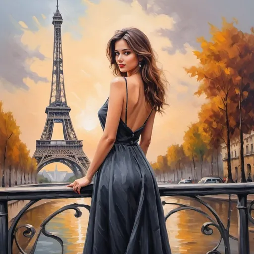 Prompt:  painting of a woman standing in front of the eiffel tower,   paris background elegant oil painting, by gorgeous digital painting,  