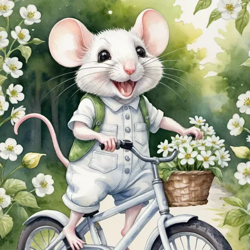 Prompt:  mouse on a bike

anthropomorphic white small smiling mouse in a white overall rides a bicycle decorated with white flowers and green leaves, watercolor drawing, against the background of flowering trees, realistic, bright lighting, high resolution, high detail, 1/505s, ISO 1000, f/16,  32k 