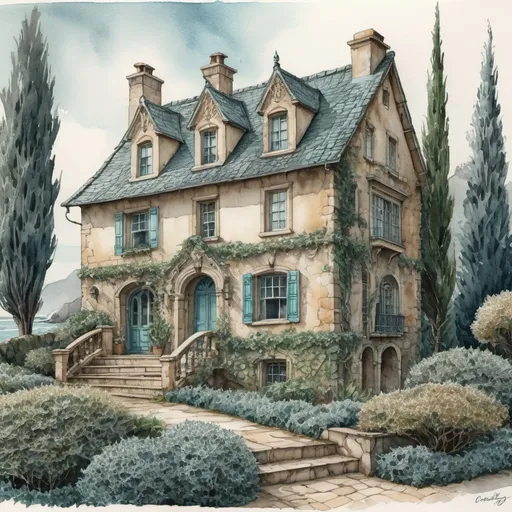 Prompt: Watercolor, cozy stone house, ivy, cypresses, sea, filigree ink drawing of details, high detail, intricate details, bohemia, clear contour, high quality, hyperdetalization, dusty beige, matte gray, milky turquoise, high octane, octane render