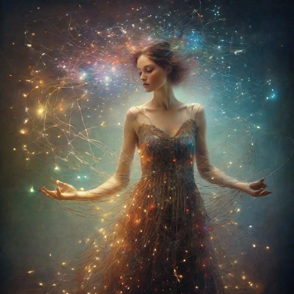 Prompt: Beautiful woman surrounded by colourful sparks of light, half body, elegant dress made completely out of strings of light, perfect face, beautiful, whimsical, highly detailed, Catrin Welz-Stein and Brooke Shaden and Harrison Fisher and Mary Blair 