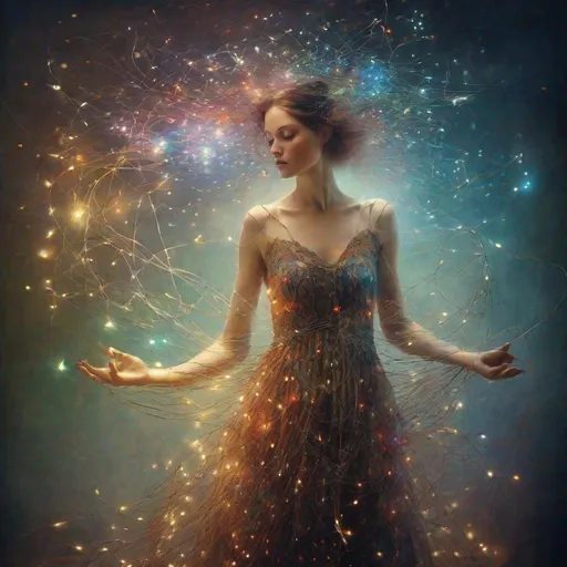 Prompt: Beautiful woman surrounded by colourful sparks of light, half body, elegant dress made completely out of strings of light, perfect face, beautiful, whimsical, highly detailed, Catrin Welz-Stein and Brooke Shaden and Harrison Fisher and Mary Blair 