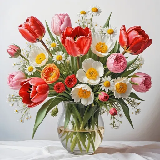 Prompt: bouquet of flowers tulip, carnation, rose, chamomile ,on a white background, incredibly detailed oil painting, visualized image, heavily decorated, image, very decorated