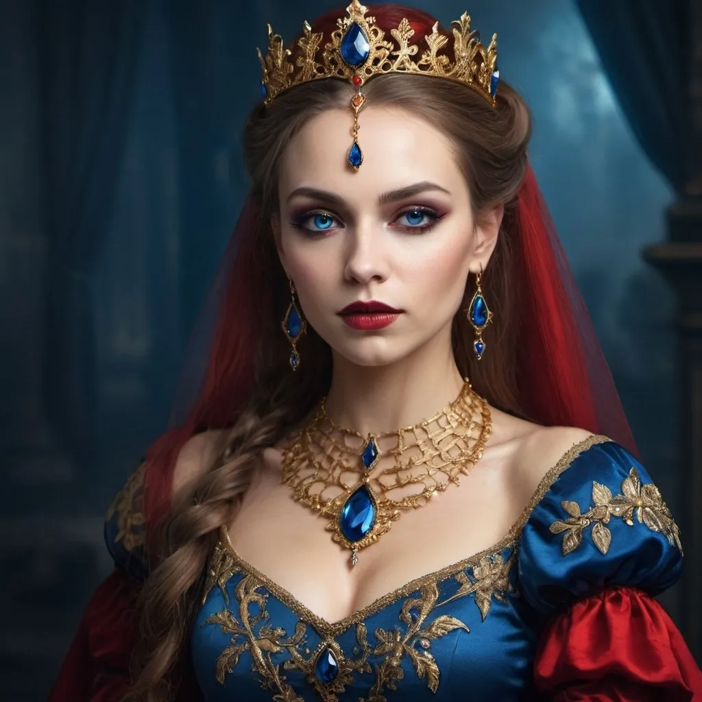 Prompt:  woman in blue dress and gold jewelry, beautiful fantasy portrait, beautiful fantasy portrait, very beautiful fantasy art, beautiful vampire queen, beautiful fantasy empress, medieval princess, royal portraiture, red queen, beautiful and elegant