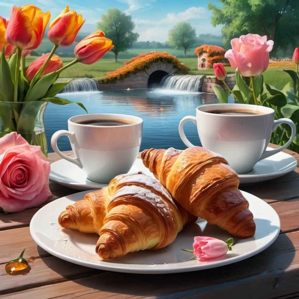 Prompt: a plate of croissants next to a cup of coffee, very beautiful fantasy art, summer morning dew, summer swimming party, 8 h, a full-color airbrushed, beautiful mattepainting, roses and tulips, painting of splashing water, in the morning, beautiful brush stroke rendering, 