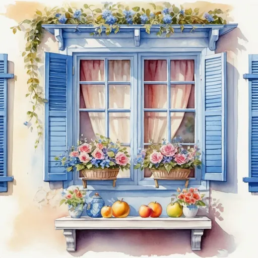 Prompt: painting of flowers on the window frame and fruit table, blue shutters on the windows, beautiful, detailed, elegant, dreamy illustration of flowers associated with nature by vines, noon, a look through the window frame of the gazebo, watercolor