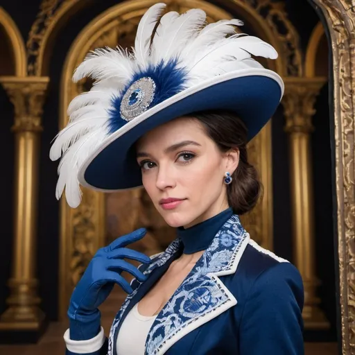 Prompt:   A woman wearing a blue and white hat with feathers, a blue jacket with embroidery, and black gloves, posing in front of an ornate architectural background.