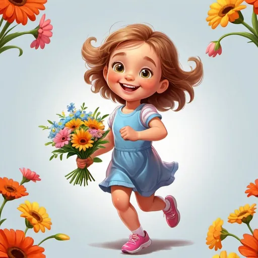 Prompt: a little girl with a bouquet of flowers in her hands, running,very cheerful and kind, realistic, bright cartoon drawing,