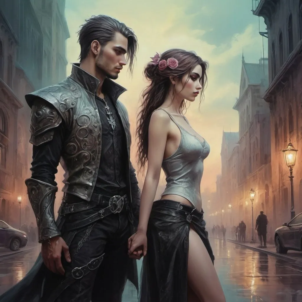 Prompt: man and woman standing side by side in urban fantasy style, beautiful fantasy painting, romantic painting, very beautiful fantasy art, breathtaking fantasy art, romantic painting, romantic dreampunk works,