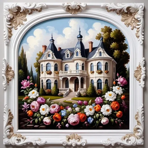 Prompt: houses with flowers in front of it, white contour border, baroque border, rounded , detailed 3d Gothic oil painting,