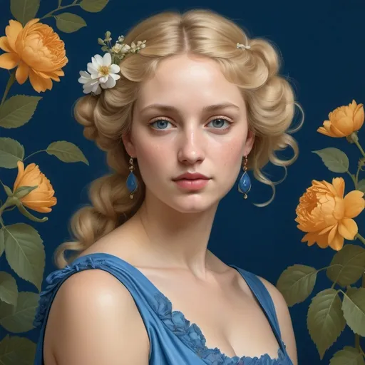 Prompt: Realistic portrait of a woman in a blue dress and floral accessories, surrounded by nature, done in the style of Jean Auguste Dominique Ingres. Curly blonde hair creates the effect of lightness and tenderness, and the bright accent on the floral details emphasizes her beauty and femininity. Each element of the image is worked out to the smallest detail, giving the picture photorealism. (Long angle), using soft lighting to create a warm atmosphere. 
