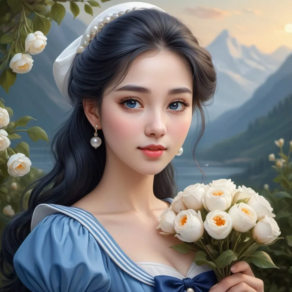 Prompt:  a woman in a blue dress holding a bouquet of flowers, realistic fantasy artwork, ivory make up, realistic cartoon, proportionate facial details, beauty girl, strings of pearls, computer graphics, girl of the alps, inspired by mark keathley, korean artist, cartoon image, dating app icon, the sailor moon. beautiful, beautiful female white, 1 8 3 0 s style paintin