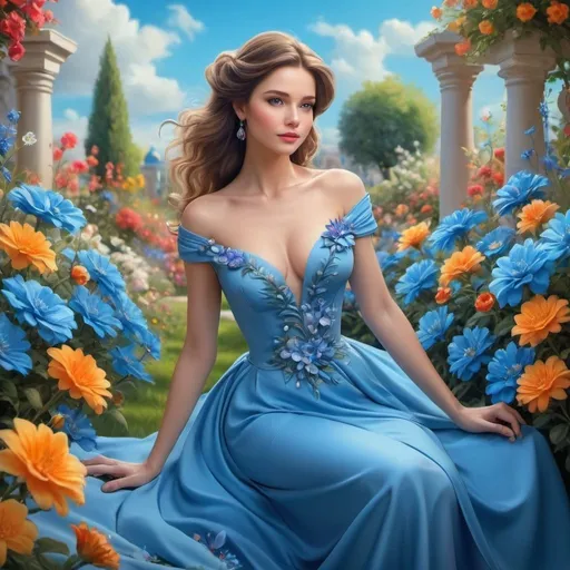 Prompt: A beautiful charming woman is elegant and graceful, dressed in a mesmerizing blue dress, harmoniously complemented by a flowerbed with blooming flowers, elegantly surrounded by a bright multitude of blooming flowers. 🎨🌺🌼👗 ,fantasy is beautifully realistic , 3 D airbrushing