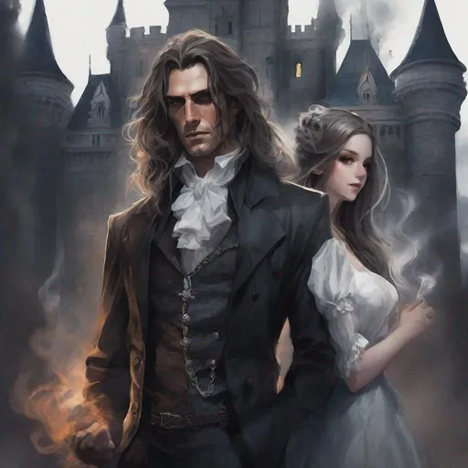 Prompt: Half body lord tall Handsome Man long messy hair, evil man, dark soul, with dark magic, and Cute maid woman, castle, transparent smoke, glowing eyes, realism, Watercolor, trending on artstation, sharp focus, studio photo, intricate details, highly detailed, by greg rutkowski