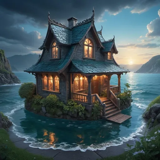 Prompt: 


art by miki asai and jasmine becket griffith, anne stokes


a typical european house with a slate roof, submerged under the water of the ocean,  scenic view, matte painting trending on artstation 


luminism, ultra  highly detailed, 32 k, 
Fantastic Realism complex background, dynamic lighting, lights, digital painting, intricated pose, highly detailed intricated, , ultra hd, realistic, vivid colors, highly detailed, UHD drawing, pen and ink, perfect composition, beautiful detailed intricate insanely detailed octane render trending on artstation, 8k artistic photography, photorealistic concept art, soft natural volumetric cinematic perfect light