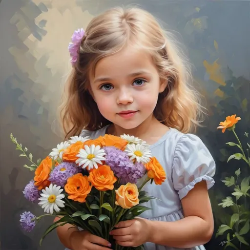 Prompt: a little girl holding a bouquet of flowers,    girl in flowers, realistic cute girl painting, beautiful portrait image