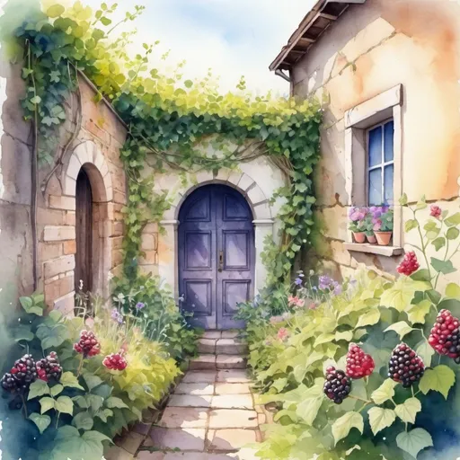 Prompt:  a garden with flowers, a doorway connected to nature by vines, an alley, a ruined wall, pleasant memories, hospitality, blackberry bushes, a watercolor drawing with a 3d parallax effect,