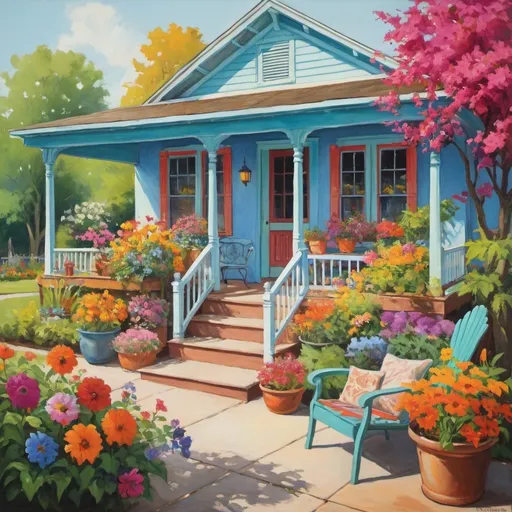Prompt:   A vibrant, colorful painting depicting an outdoor garden scene with a porch, flowers, and furniture.