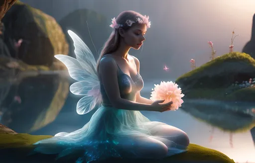 Prompt: a woman sitting on the ground with flowers in her hand, a stunning fantasy 3D render, a glowing water elemental or perhaps a fairy tale, a beautiful rendering by an artist, a transparent glass woman gently caressing the earth,