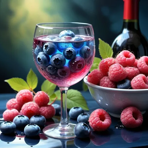 Prompt: blueberries, raspberries and a glass of wine, a very beautiful fantasy drawing, sparkling dew, shades of pink and blue, cold drinks, a stream of love and happiness, extremely high detail!!