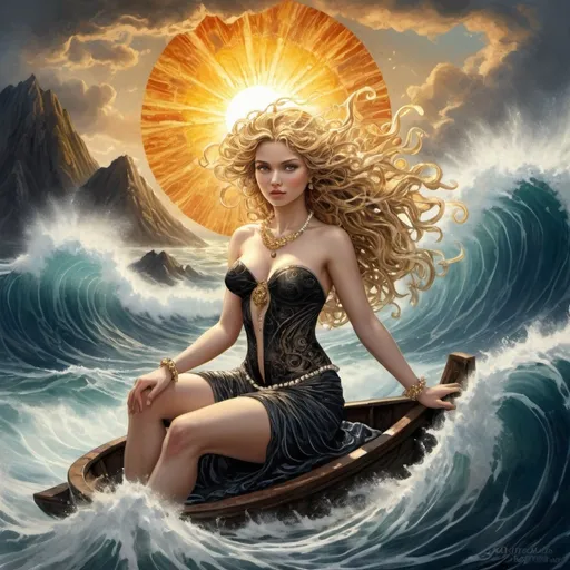 Prompt: Digital Painting :Sun is shining, Aphrodite style bimbo in beautiful silk scales, beautiful costume jewelry, tangled in pearls, the ocean is raging.Boat.
Swirl, spring, volcano, wave, cracks, tornado, chromosomes.
Play of light and dark,mass of detail,fine rendering,hyper detail,authentic,volumetric,highly detailed digital painting,etching,black ink drawing,dark fantasy.Maximum rendering,texture microdetailing,global lighting.