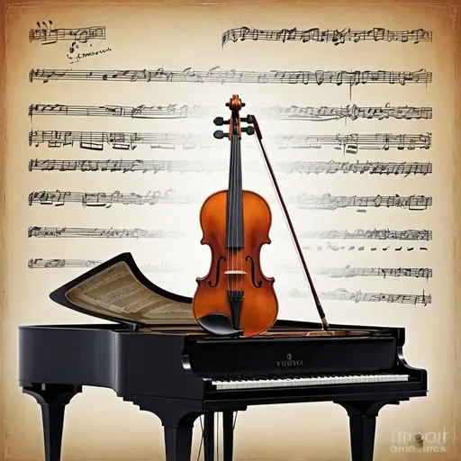 Prompt: a violin sitting on top of a piano keyboard, music poster, strings background, virtuosic painting, expressive emotional piece, surrealistic digital artwork, romanticism artwork, musical notes, music notes, fantasy violin, digital art'', artistic composition, musicality, music is life, musical instruments, exquisite imaginative poster art, exquisite digital art, by Igor Morski