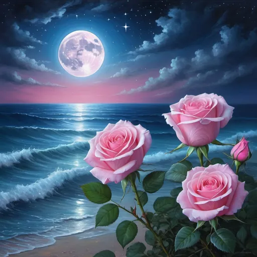 Prompt: night starry sky, blue moon over the sea, three pink roses in the foreground , romantically extremely high detail, amazing background, at midnight, fantasy realistically beautiful, oil