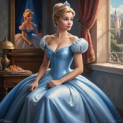 Prompt: a painting of a woman in a blue dress, disney art, cinderella, portrait painting of a princess, photorealistic disney, disney's princess, princess portrait, disney princess, fairytale painting, painting of beautiful, fairytale artwork, gorgeous painting, disney artist, beautiful princess, beautiful fantasy painting, beautiful full body concept art, disney concept art, disney fantasy style, beautiful character painting