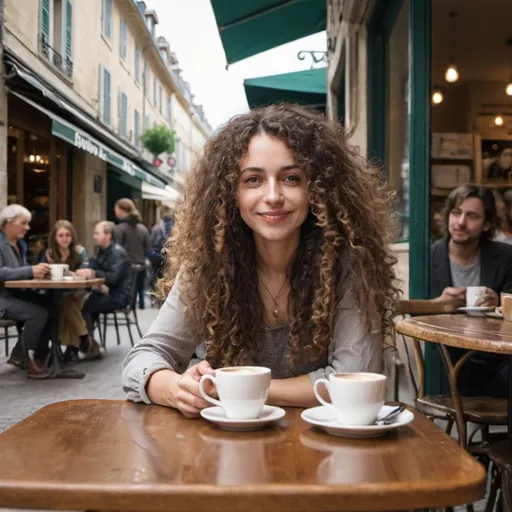 Prompt:   A woman with long, curly hair sitting at a table in a French cafe, holding a cup of coffee, with a dog sitting next to her and people walking by in the street.