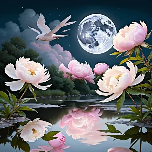 Prompt: The rising full moon over the river, clouds, in the foreground on the left, large white and pink peonies blooming, reflected in the water, radiating communication inside, very beautiful matte , high detail,