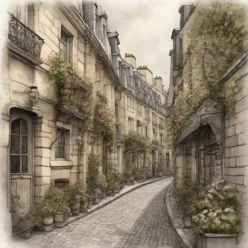 Prompt: Paris, summer,alley, watercolor+ colored ink, hyperdetalization, filigree drawing with a thin pen, ivy, flowers, trees, old houses, paving stones, lantern, intersection, tall houses, pastel shades : gray brown, sepia, contrast enhancement, sharpening, high octane, octane render