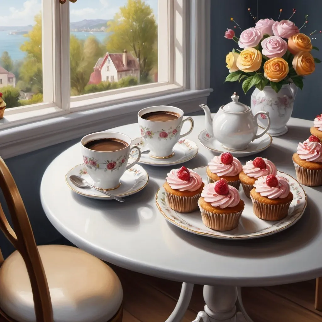 Prompt:  a painting depicting a table with a cup of coffee and cupcakes, breakfast,morning,exquisite rich decor , oil painting, hyperrealism, good morning, beautiful uhd 4K art, baking, highly detailed digital painting, art painting, exquisite painting, kitchen background, tea party, very beautiful digital art