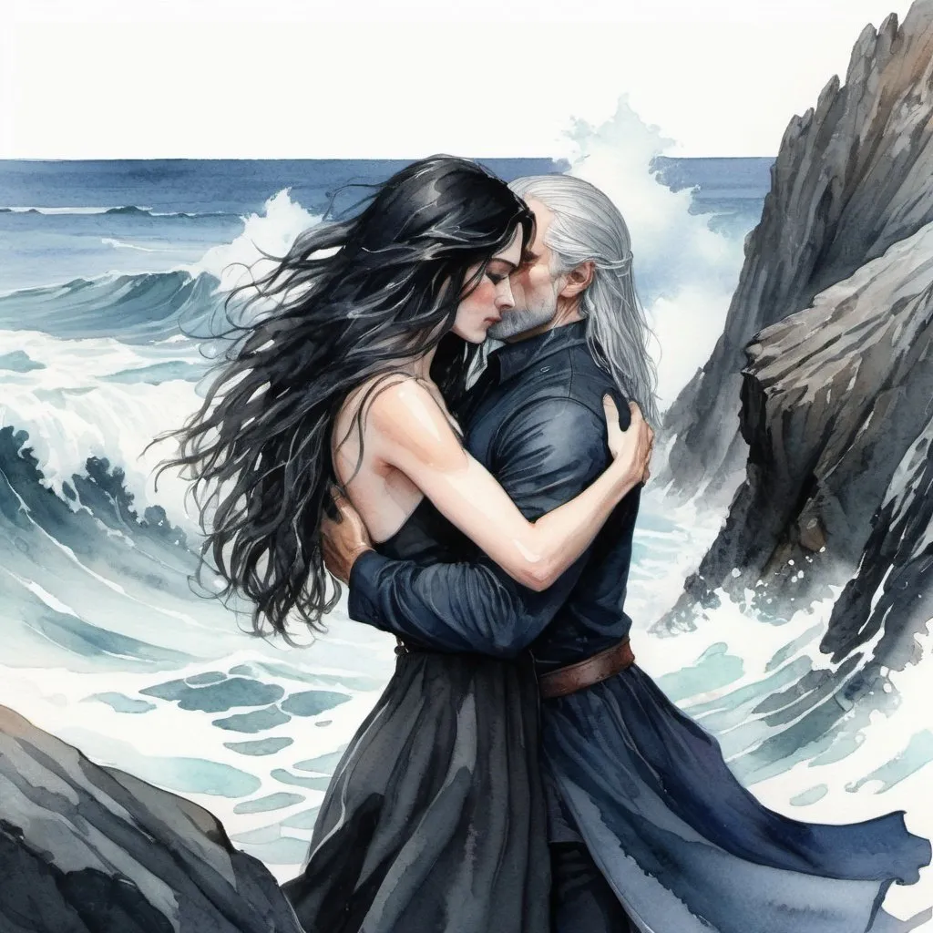 Prompt: watercolor, clear drawing, pencil, witch and witcher hugging, black long hair, neckline, close-up, raging sea, huge waves, rocks, detailing, movement, aesthetically pleasing, beautiful