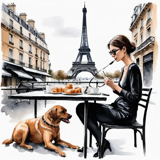 Prompt:  a woman sitting at a table with a dog on a leash,   modern european ink painting,  paris background, dog eating croissants in paris