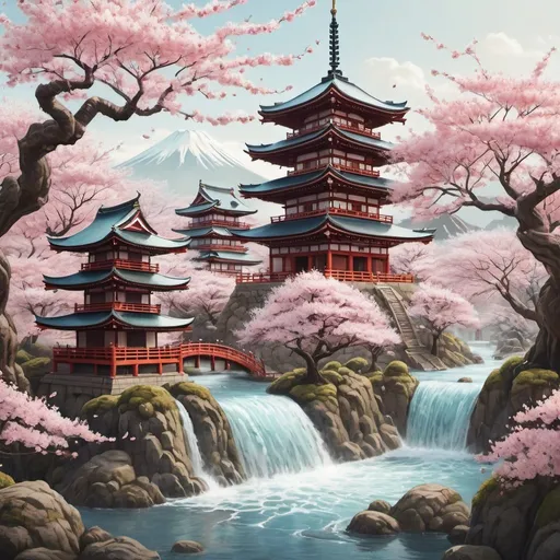 Prompt: 	  A detailed, fantastical landscape depicting a Japanese-style temple complex surrounded by cherry blossom trees and flowing water.