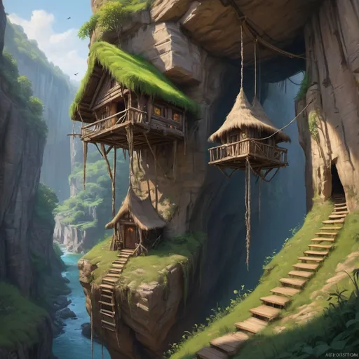 Prompt: Masterpiece, "a hanging wild elf huts hanging from side of a ravine, cliffside, oil painting, digital drawing, raytracing, artstation, instagram, photo-realistic