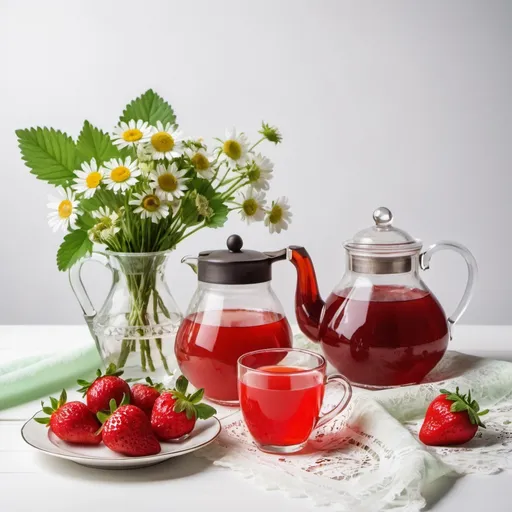Prompt: a jug with strawberry juice and a vase with club jam, a vase with strawberries, a teapot with green tea, stands on a lace napkin, white background, square frame,