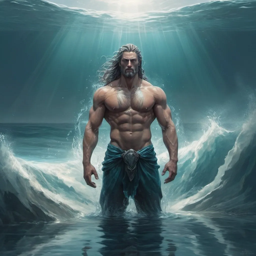 Prompt:  a man that is standing in the water,fantasy art, masculine muscular figure, male art, god of the ocean