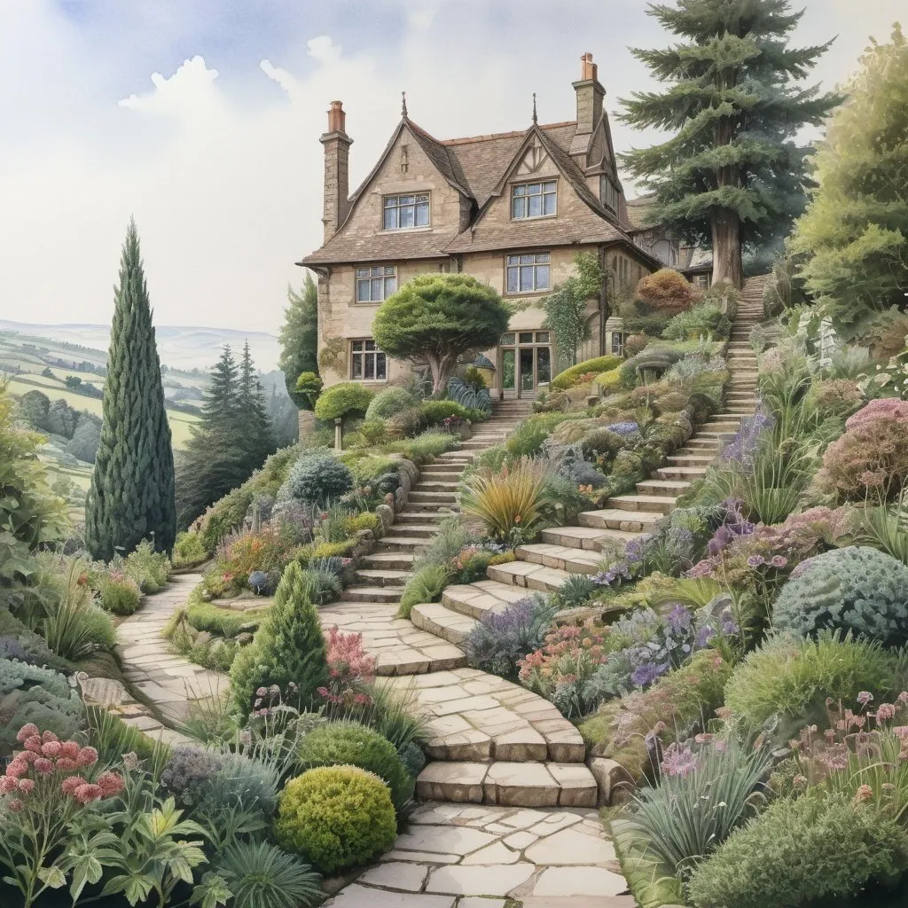 Prompt: hyperrealism, volumetric watercolour, detailed drawing of small elements, cedrus, in the foreground delicately  different plants,various flowers, a winding stone path leads to a manor with a large garden and a beautiful small stone house in shebee chic on a hill in the distance, a lot of details, magical, intriguing, filigree, high detail, octane