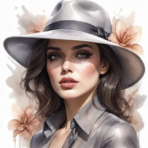 Prompt: femme fatale in a thick blouse (transparent) suit and hat gray, dark hair, brown expressive eyes, makeup, pursed lips,fantasy style, woman, clothes with high detail, naturally, high detail,middle close-up, bloom light effect, dry watercolor, color sketch art