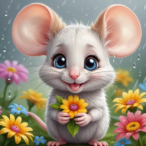 Prompt: fluffy little mouse with a flower in her mouth, beautiful big eyes, big ears, beautiful smiling face, with colorful flowers, raindrops, realistic, cartoon drawing