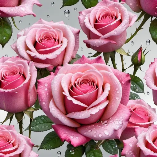 Prompt:  a bouquet of pink roses with water droplets, decorative roses, white background, drawing,fantasy is realistically beautiful.