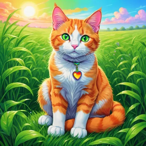 Prompt:  Cat sitting on top of a lush green field, warrior cat fan art, Lisa Frank style, cat painting, anime cute cat picture, cat drawing, orange cat,