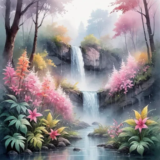 Prompt: waterfall in the middle of the forest, beautiful flower, fantastic flowers and leaves, magical colorful flowers, raindrops mist, dream landscape, romantic painting, with floral splashes, atmospheric, mystical misty glow, pink reflections, wet leaves, beautiful sunlight, beautiful color palette, realistic, natural, high detail, medium plan, the effect of blooming lighting,
dry watercolor, the art of color sketch