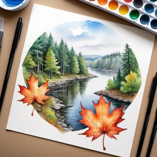 Prompt:  forest, trees, river, landscape on a maple leaf, watercolor drawing, marker drawing, airbrushing, digital graphics, neurosurface