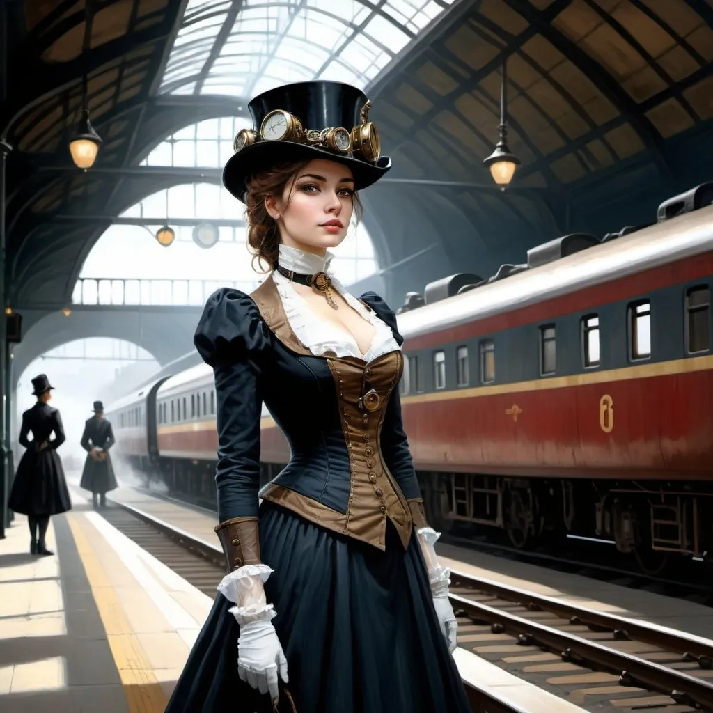 Prompt:  a painting of a woman at a train station, a fine art painting by David Roberts, cgsociety, fantasy art, victorian era painting, victorian painting, steampunk illustration